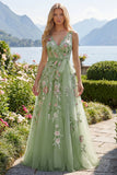 Vestido de Baile de Baile Verde Floral Floral com Decote V A Line