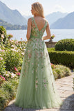 Vestido de Baile de Baile Verde Floral Floral com Decote V A Line