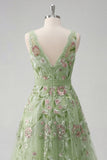 Vestido de Baile de Baile Verde Floral Floral com Decote V A Line
