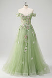 Zapaka Mulheres Vestido de Baile Longo Verde com Ombro a Ombro Padrão Floral e Apliques