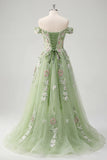 Vestido de Baile Longo Verde com Ombro a Ombro Padrão Floral e Apliques