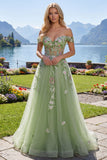Vestido de Baile Longo Verde com Ombro a Ombro Padrão Floral e Apliques
