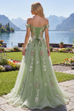 Vestido de Baile Longo Verde com Ombro a Ombro Padrão Floral e Apliques