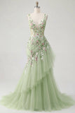 Vestido de Baile de Finalistas Verde Floral com Decote em V e Folhos Aplicados à Sereia