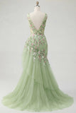 Vestido de Baile de Finalistas Verde Floral com Decote em V e Folhos Aplicados à Sereia