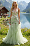 Vestido de Baile de Finalistas Verde Floral com Decote em V e Folhos Aplicados à Sereia
