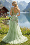 Vestido de Baile de Finalistas Verde Floral com Decote em V e Folhos Aplicados à Sereia