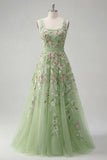 Vestido de Baile de Finalistas Verde Floral Linha A com Decote Quadrado