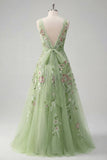 Vestido de Baile de Finalistas Verde Floral Linha A com Decote Quadrado