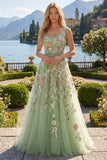 Vestido de Baile de Finalistas Verde Floral Linha A com Decote Quadrado