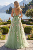 Vestido de Baile de Finalistas Verde Floral Linha A com Decote Quadrado