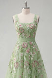 Vestido de Baile de Finalistas Verde Floral Linha A com Decote Quadrado