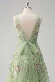 Vestido de Baile de Finalistas Verde Floral Linha A com Decote Quadrado