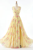 Vestido de Baile de Finalistas Amarelo com Decote em V e Linha A Floral com Fenda