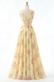 Vestido de Baile de Finalistas Amarelo com Decote em V e Linha A Floral com Fenda