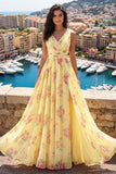 Vestido de Baile de Finalistas Amarelo com Decote em V e Linha A Floral com Fenda