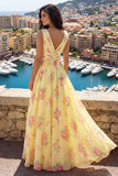 Vestido de Baile de Finalistas Amarelo com Decote em V e Linha A Floral com Fenda