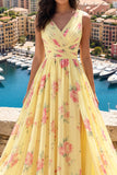 Vestido de Baile de Finalistas Amarelo com Decote em V e Linha A Floral com Fenda