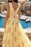 Vestido de Baile de Finalistas Amarelo com Decote em V e Linha A Floral com Fenda
