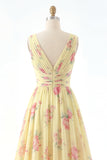 Vestido de Baile de Finalistas Amarelo com Decote em V e Linha A Floral com Fenda