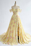 Vestido longo de baile de finalistas amarelo brilhante, floral no ombro e folhos, com contas