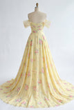 Vestido longo de baile de finalistas amarelo brilhante, floral no ombro e folhos, com contas