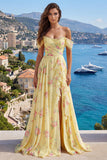 Vestido longo de baile de finalistas amarelo brilhante, floral no ombro e folhos, com contas