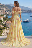 Vestido longo de baile de finalistas amarelo brilhante, floral no ombro e folhos, com contas
