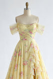 Vestido longo de baile de finalistas amarelo brilhante, floral no ombro e folhos, com contas