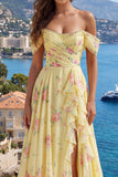 Vestido longo de baile de finalistas amarelo brilhante, floral no ombro e folhos, com contas