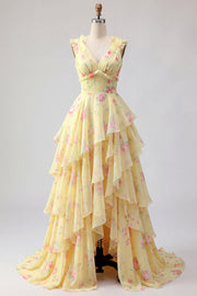 Vestido de baile de finalistas amarelo com decote em V, A Line, floral e folhos