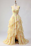 Vestido de baile de finalistas amarelo com decote em V, A Line, floral e folhos