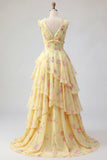 Vestido de baile de finalistas amarelo com decote em V, A Line, floral e folhos
