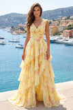 Vestido de baile de finalistas amarelo com decote em V, A Line, floral e folhos