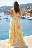 Vestido de baile de finalistas amarelo com decote em V, A Line, floral e folhos