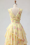 Vestido de baile de finalistas amarelo com decote em V, A Line, floral e folhos