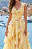 Vestido de baile de finalistas amarelo com decote em V, A Line, floral e folhos