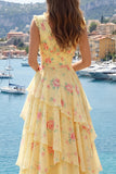 Vestido de baile de finalistas amarelo com decote em V, A Line, floral e folhos