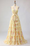 Vestido de Baile Longo Floral Amarelo A Linha A com Folhos
