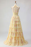 Vestido de Baile Longo Floral Amarelo A Linha A com Folhos