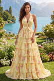 Vestido de Baile Longo Floral Amarelo A Linha A com Folhos