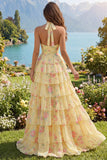 Vestido de Baile Longo Floral Amarelo A Linha A com Folhos