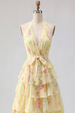 Vestido de Baile Longo Floral Amarelo A Linha A com Folhos