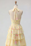 Vestido de Baile Longo Floral Amarelo A Linha A com Folhos