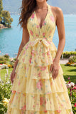 Vestido de Baile Longo Floral Amarelo A Linha A com Folhos