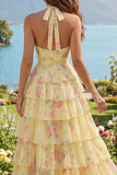 Vestido de Baile Longo Floral Amarelo A Linha A com Folhos