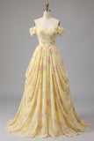 Vestido de Baile de Finalistas Amarelo Franzido Sobre os Ombros, Uma linha Longa