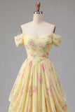 Vestido de Baile de Finalistas Amarelo Franzido Sobre os Ombros, Uma linha Longa