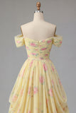 Vestido de Baile de Finalistas Amarelo Franzido Sobre os Ombros, Uma linha Longa