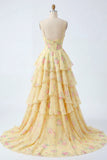 Vestido de Baile de Finalistas Amarelos de Alças Finguetes Com Espartilho Floral e Folhos